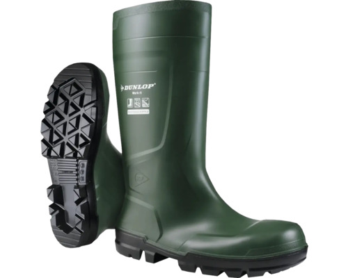Dunlop Gummistiefel Work-it in Grün mit profilierter schwarzer Sohle.