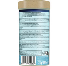 Rückseite der Tetra Discus Granules Dose mit Fütterungshinweisen, Inhaltsstoffen, Barcode, Angabe von 75 Gramm und Symbol für Recyclingfähigkeit.