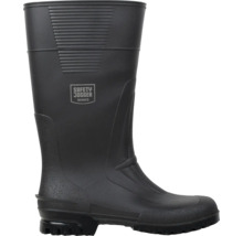 Schwarzer Sicherheitsstiefel aus Gummi von Safety Jogger Works mit profilierter Sohle und strukturiertem Schaft.