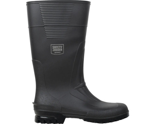 Schwarzer Sicherheitsgummistiefel von Safety Jogger Works mit profilierter Sohle und verstärktem Zehenbereich.