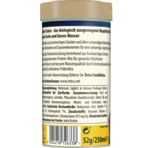 Rückseite einer Dose Tetra TetraMin Flocken Fischfutter mit Produktinformationen, Inhaltsstoffen, Fütterungsempfehlung und Barcode.