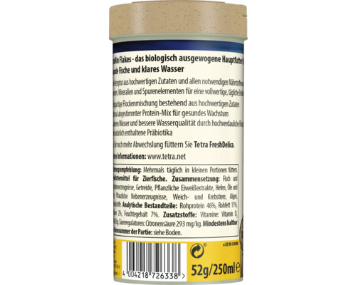 Rückseite einer Dose Tetra TetraMin Flocken Fischfutter mit Produktinformationen, Inhaltsstoffen, Fütterungsempfehlung und Barcode.