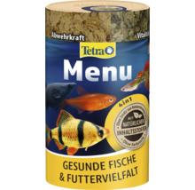 Tetra Menu Fischfutter Dose für Zierfische mit vier Futtersorten. Tetra Logo. Natürliche Inhaltsstoffe, ohne Konservierungs- und Farbstoffe.