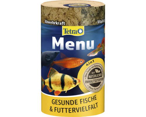 Tetra Menu Fischfutter Dose für Zierfische mit vier Futtersorten. Tetra Logo. Natürliche Inhaltsstoffe, ohne Konservierungs- und Farbstoffe.