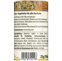Rückseite einer Fischfutterdose für Zierfische mit Inhaltsstoffen, Fütterungsempfehlung, Barcode sowie der Angabe 25 Gramm und 100 Milliliter.