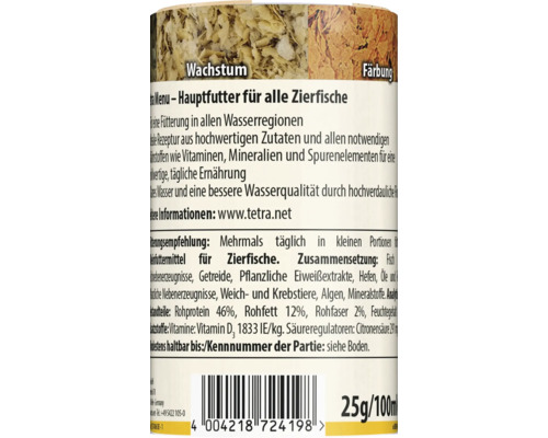 Rückseite einer Fischfutterdose für Zierfische mit Inhaltsstoffen, Fütterungsempfehlung, Barcode sowie der Angabe 25 Gramm und 100 Milliliter.