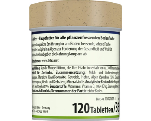 Rückseite einer Dose Tetra Pleco Tablets, Hauptfutter für pflanzenfressende Bodenfische, 120 Tabletten