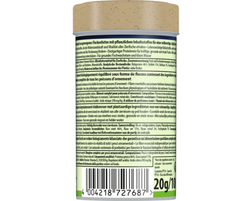 Rückseite einer Packung Zierfisch-Flockenfutter mit Inhaltsstoffen, biologisch ausgewogen, 20 Gramm.