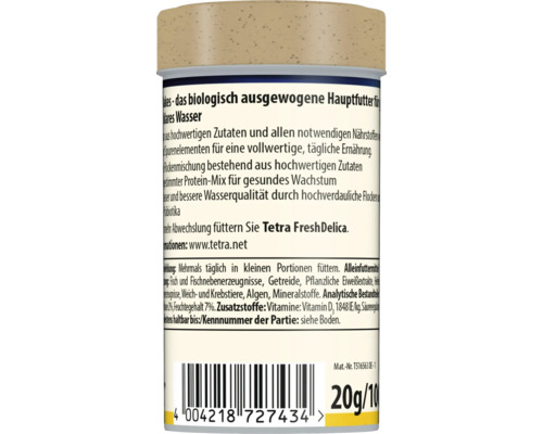 Rückseite einer Dose Tetra Hauptfutter für Fische mit Informationen zu Inhaltsstoffen, Fütterungsempfehlungen und Barcode.