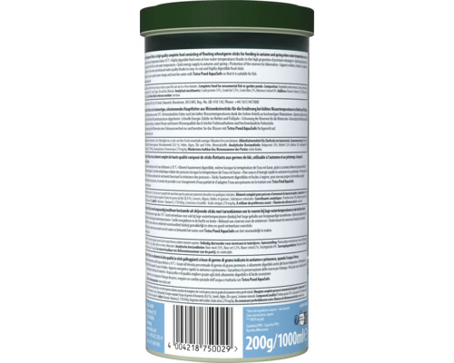 Rückseite des Behälters Tetra Pond Wheatgerm Sticks Fischfutter für Gartenteiche mit Inhaltsstoffen und Fütterungsempfehlungen.