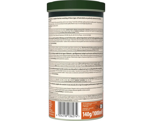 Rückseite einer Dose Goldfish Mix Fischfutter mit Inhaltsstoffen, Fütterungsempfehlungen, Barcode sowie Angabe von 140 Gramm und 1000 Milliliter.