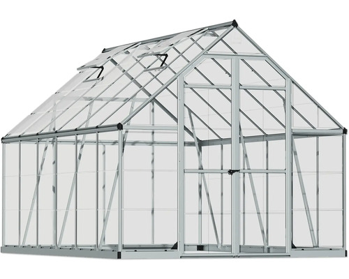 Gewächshaus mit Aluminiumrahmen, transparenten Scheiben, Doppeltür und zwei geöffneten Dachfenstern.