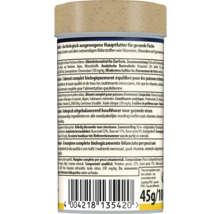 Fischfutter Dose mit Etikett für Granulat Hauptfutter, Inhaltsstoffe und Fütterungshinweise in mehreren Sprachen, 45 Gramm.