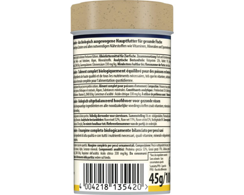 Fischfutter Dose mit Etikett für Granulat Hauptfutter, Inhaltsstoffe und Fütterungshinweise in mehreren Sprachen, 45 Gramm.