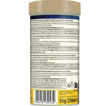 Rückseite einer Dose Tetra Min Crisps Hauptfutter für Fische, 55 Gramm, mit Inhaltsstoffen, Fütterungshinweisen und Entsorgungssymbolen.