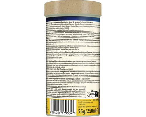 Rückseite einer Dose Tetra Min Crisps Hauptfutter für Fische, 55 Gramm, mit Inhaltsstoffen, Fütterungshinweisen und Entsorgungssymbolen.