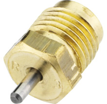 Brennerdüse aus Messing mit Außengewinde, Sechskantkopf und zentralem Metallstift.