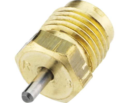 Brennerdüse aus Messing mit Außengewinde, Sechskantkopf und zentralem Metallstift.