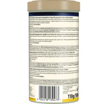 Rückseite einer Dose Tetra Crisps Fischfutter mit Zutatenliste, Fütterungshinweisen, Barcode und Gewichtsangabe von 110 Gramm oder 500 Milliliter.