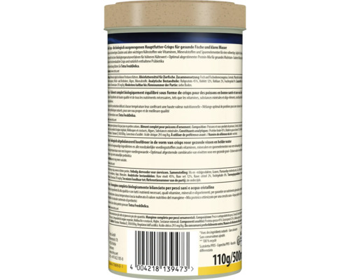 Rückseite einer Dose Tetra Crisps Fischfutter mit Zutatenliste, Fütterungshinweisen, Barcode und Gewichtsangabe von 110 Gramm oder 500 Milliliter.