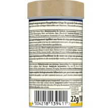 Rückansicht einer Fischfutterverpackung mit Angaben zu Inhaltsstoffen, Zusammensetzung und Fütterungshinweisen für biologisch ausgewogene Crisps.