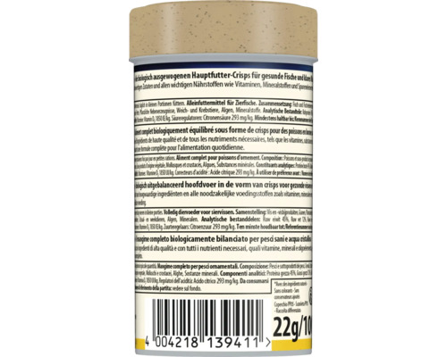 Rückansicht einer Fischfutterverpackung mit Angaben zu Inhaltsstoffen, Zusammensetzung und Fütterungshinweisen für biologisch ausgewogene Crisps.