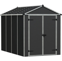 Anthrazitfarbenes Gartenhaus aus Metall mit Satteldach, Doppeltür und silbernen Rahmenleisten.