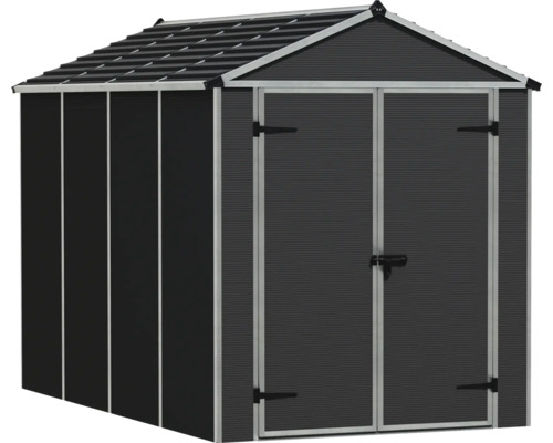 Anthrazitfarbenes Gartenhaus aus Metall mit Satteldach, Doppeltür und silbernen Rahmenleisten.