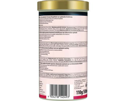 Rückansicht einer 110 Gramm Dose Tetra Premium Hauptfutter für Zierfische mit Inhaltsstoffen und Barcode.
