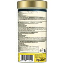 Dosenrückseite PRO Energy Hauptfutter für Zierfische mit Inhaltsstoffen, Fütterungsempfehlung, Entsorgungshinweisen und Barcode, 55 Gramm.