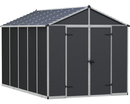 Gerätehaus aus Kunststoff in Anthrazit mit Satteldach, Doppeltür und Aluminiumrahmen.
