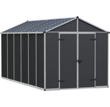 Anthrazitfarbenes Gartenhaus aus Kunststoff mit Satteldach, Doppeltür und Aluminiumrahmen zur Aufbewahrung von Gartengeräten.