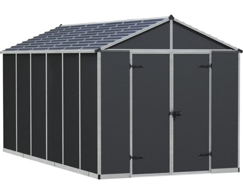 Anthrazitfarbenes Gartenhaus aus Kunststoff mit Satteldach, Doppeltür und Aluminiumrahmen zur Aufbewahrung von Gartengeräten.
