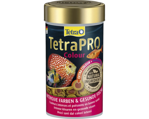 TetraPRO Colour Fischfutter für Aquarienfische in der Dose für intensive Farben mit natürlichen Inhaltsstoffen und Präbiotika.