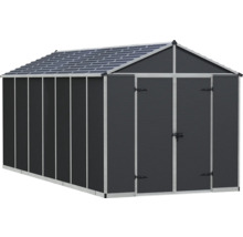 Großes Gartenhaus aus Metall mit Satteldach und Doppeltür.