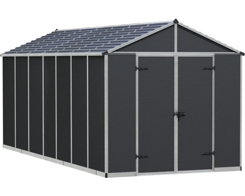 Großes Gartenhaus aus Metall mit Satteldach und Doppeltür.