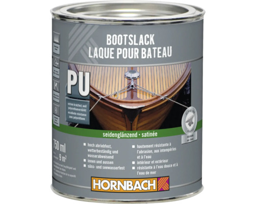 Hornbach Bootslack, 750 Milliliter, Polyurethan, seidenglänzend, innen und außen, kratzfest, stoßfest und meerwasserbeständig. Hornbach Logo.