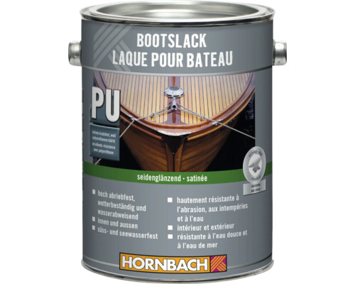 Hornbach Bootslack polyurethanverstärkt seidenglänzend, abriebfest, wetterbeständig, schlagfest und stossfest. Hornbach Logo