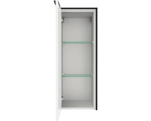 Hängeschrank für das Badezimmer mit zwei Glaseinlegeböden, Weiß, geöffnete Tür.