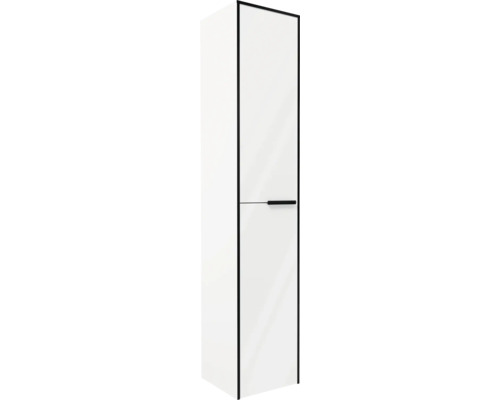 Hochschrank für das Badezimmer, Weiß Hochglanz mit schwarzer Umrandung und schwarzem Griff.