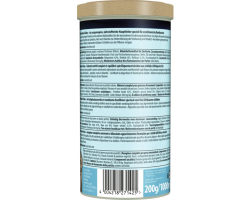 Rückansicht der Dose Tetra Malawi Flakes Fischfutter, 200 Gramm oder 1000 Milliliter, Hauptfutter für ostafrikanische Buntbarsche mit Nährwertangaben.