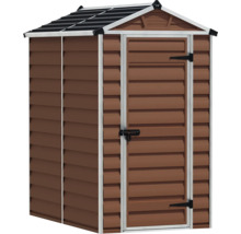 Gerätehaus aus Kunststoff in brauner Holzoptik mit Satteldach und Einzeltür mit Riegel.