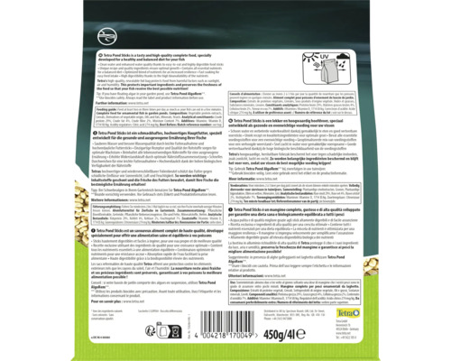 Rückseite der Verpackung von Tetra Pond Sticks Teichfischfutter mit Produktinformationen, Schutz vor ultravioletter Strahlung und Tetra Logo.