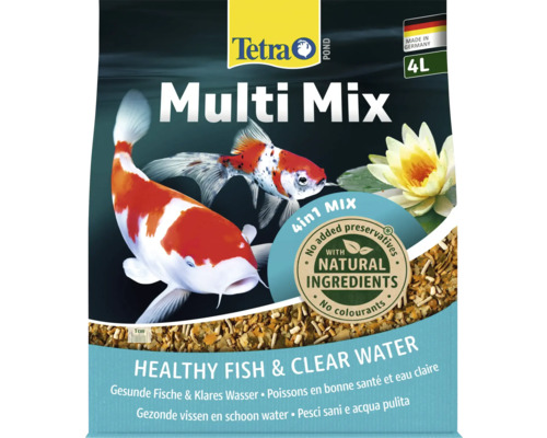 Tetra Logo, Tetra Pond Multi Mix Fischfutter 4 in 1, 4 Liter, hergestellt in Deutschland, natürliche Inhaltsstoffe, für gesunde Fische.