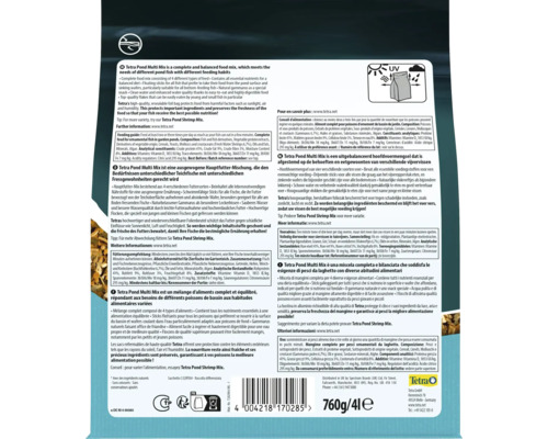 Rückseite der Tetra Pond Multi Mix Fischfutterverpackung mit Fütterungshinweisen, Inhaltsstoffen, Gewichtsangabe 760 Gramm und 4 Liter, Tetra Logo und UV-Schutz Symbol.