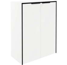 Weißer Hängeschrank mit zwei Türen, schwarzen Griffen und schwarzem Rahmen.