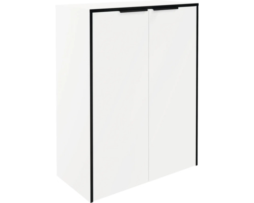 Weißer Hängeschrank mit zwei Türen, schwarzen Griffen und schwarzem Rahmen.