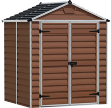 Gartenhaus aus Kunststoff mit Satteldach und Doppelflügeltür in Braun.
