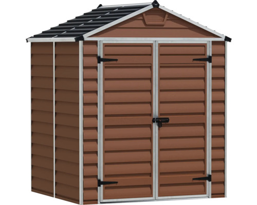 Gartenhaus aus Kunststoff mit Satteldach und Doppelflügeltür in Braun.