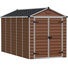 Gerätehaus in Holzoptik mit Satteldach und Doppelflügeltür.